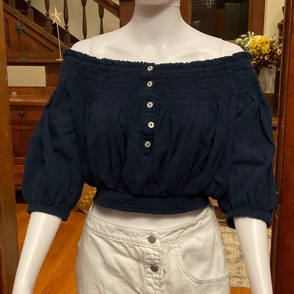 We the free Navy Off-Shoulder Buttoned Women's Top